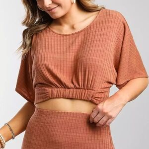 Free People Rust Ribbed Crop Top | XS | Stretch Waist | Dolman Sleeve | OB937906
